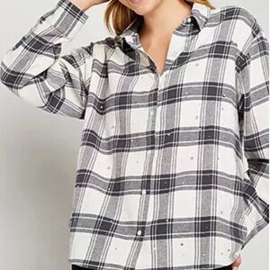 A.N.A. Women’s White/Gray Plaid Flannel Shirt Embelished W/Rhinestones